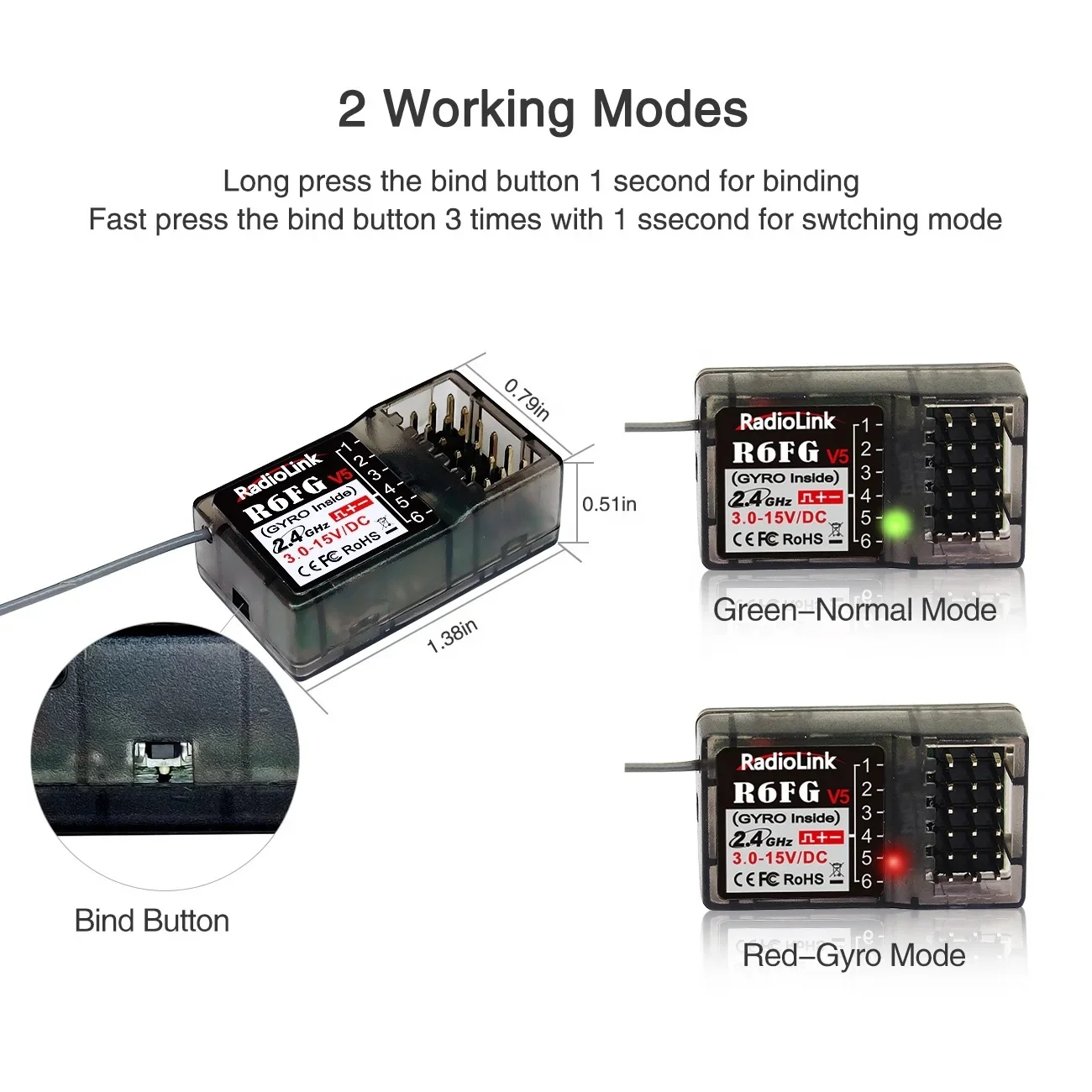 RadioLink R6FG V5 6-kanałowy odbiornik z żyroskopem, kompatybilny z zdalnym sterowaniem RC, do samochodów/łodzi, do części samolotów RC, nadajniki