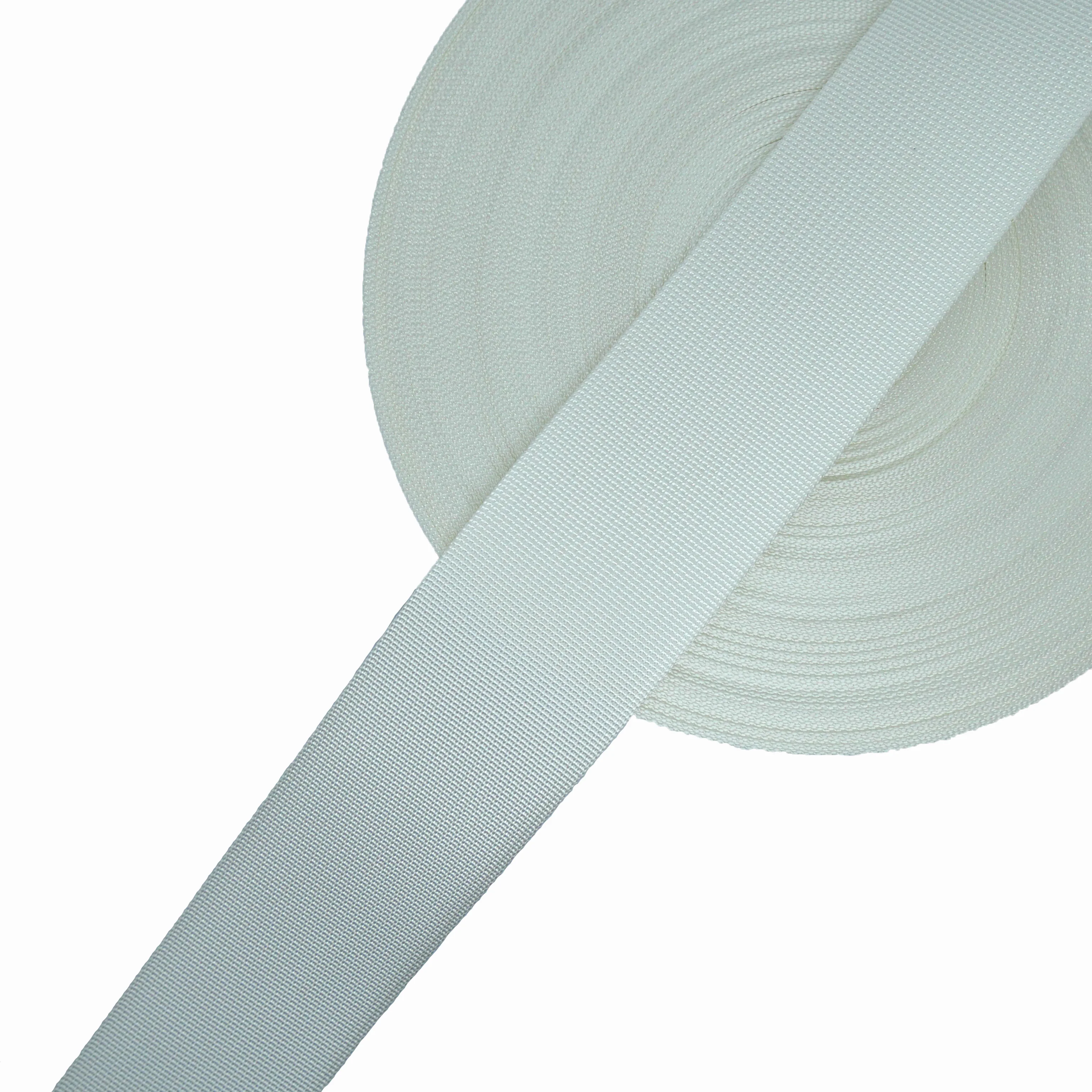 A roll of white polyester webbing, 10 yards long, with three different widths to choose from, used for packaging and tying