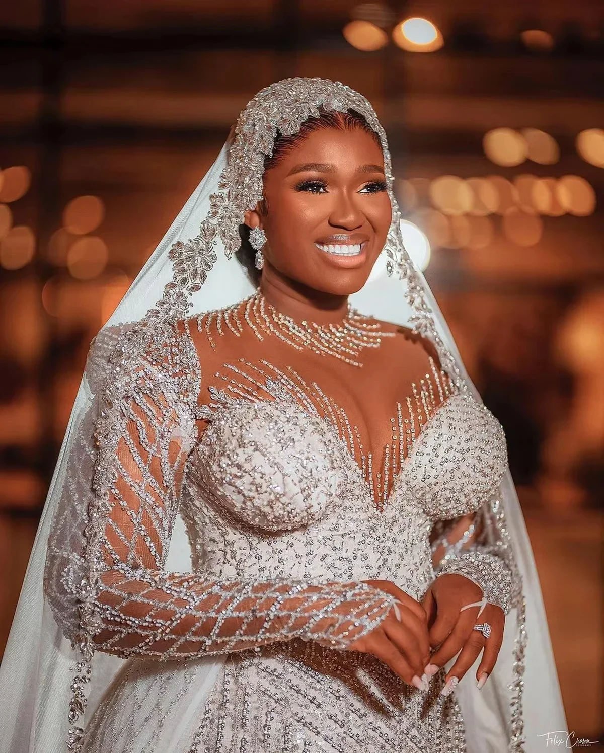 Aangepaste zware handwerk kralen pailletten zeemeermin trouwjurk afneembare trein illusie lange mouwen Robes De Mariée