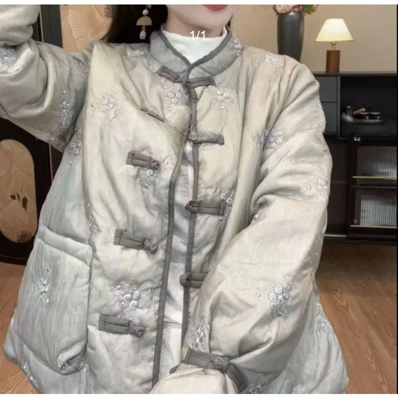 

Новая женская куртка на хлопковой подкладке с вышивкой в китайском стиле, зимняя очаровательная утолщенная теплая куртка на пуговицах в китайском стиле
