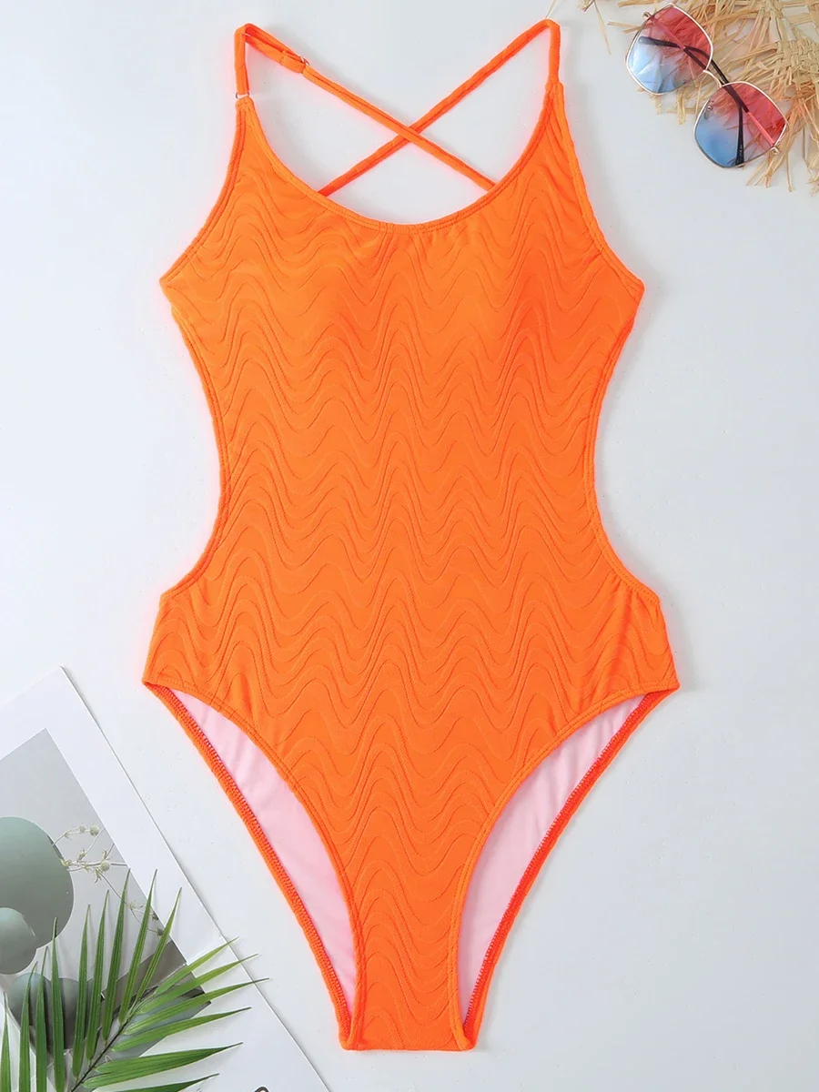 

2024 Orange Wave Backless Swimsuit Women One Piece Strappy Sexy Swimwear Female Bathers Bathing Swimming Swim Suit Beachwear
