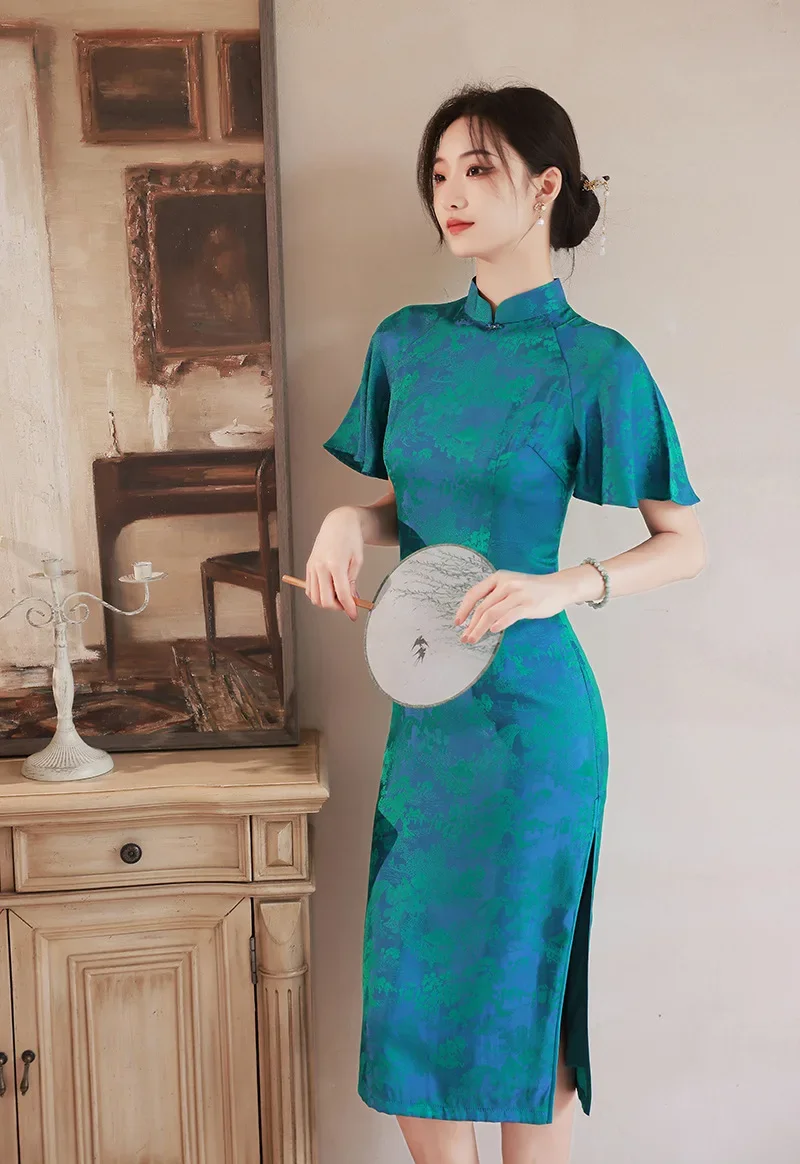 Yourqipao Summer Blue Improved Fashion Mid-length Cheongsam Chinese Style Evening Dress Gowns Qipao Hanfu Skirt for Women