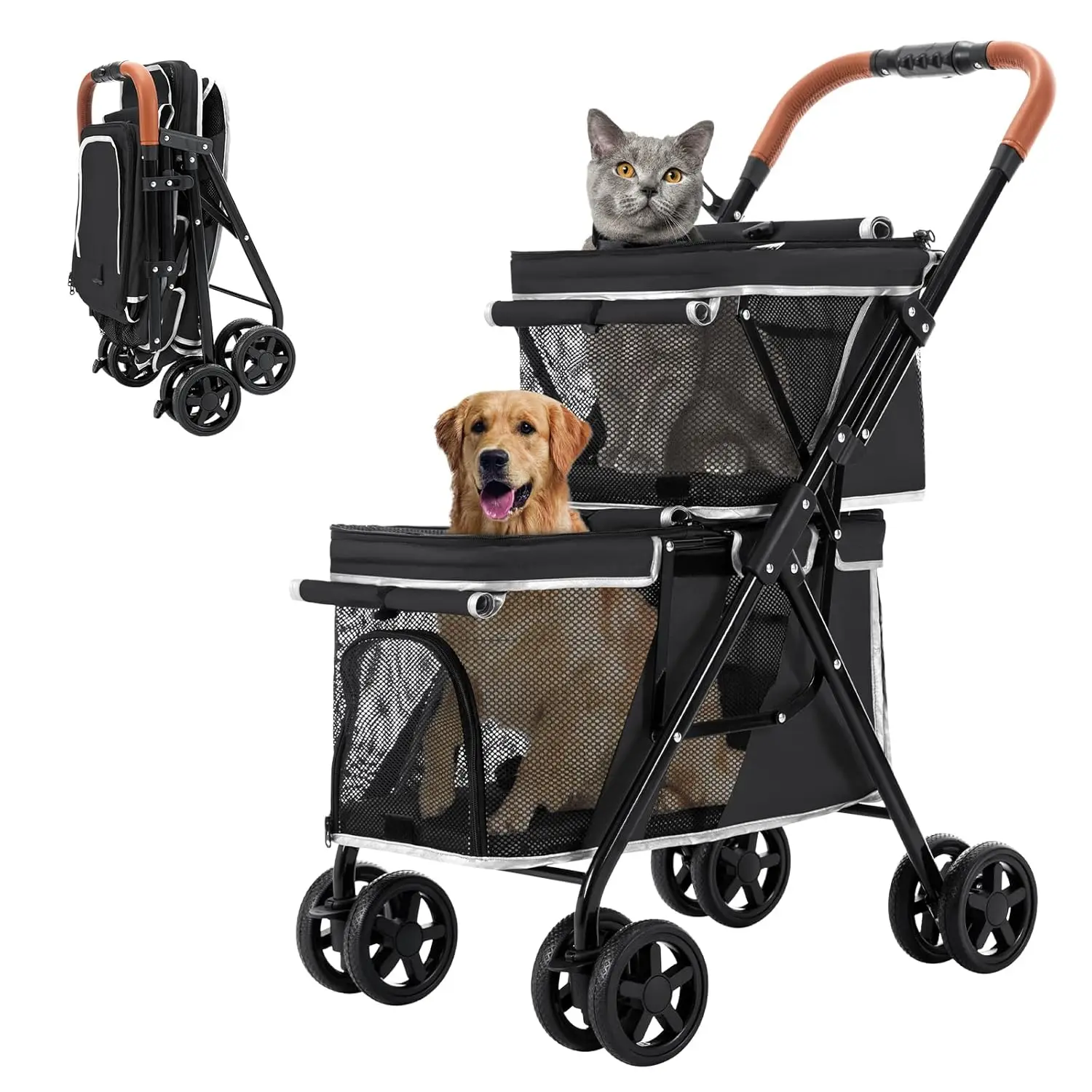 Double Pet Stroller for Dogs and Cats, One-Hand Folding Dog Stroller Travel Carriage for Small Medium Dogs Cats, 4 Wheels, Black