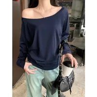 2024 New Women's Off-Shoulder Long Sleeve T-Shirt Sexy Autumn Loose Fit Pure Desire Aesthetic Crossbody Student Top