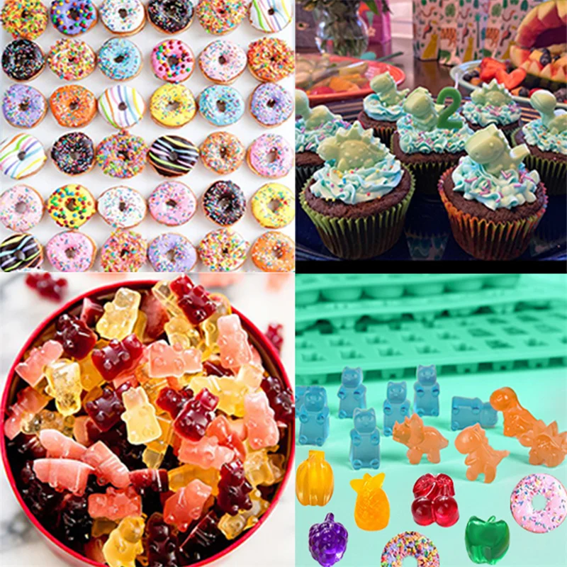 4PCS Silicone Gummy Molds Candy Mold Silicone with 2 Droppers for Convenient Filling Includes Dinosaur  Bear Donut Fruit