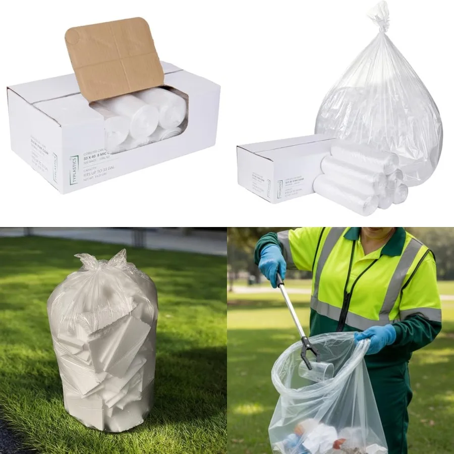 

33 Gallon Clear Trash Can Liners - 33 x 40 - High Density Garbage Bags - Case of 500 - Multipurpose for Office, Outdoor, Recycl