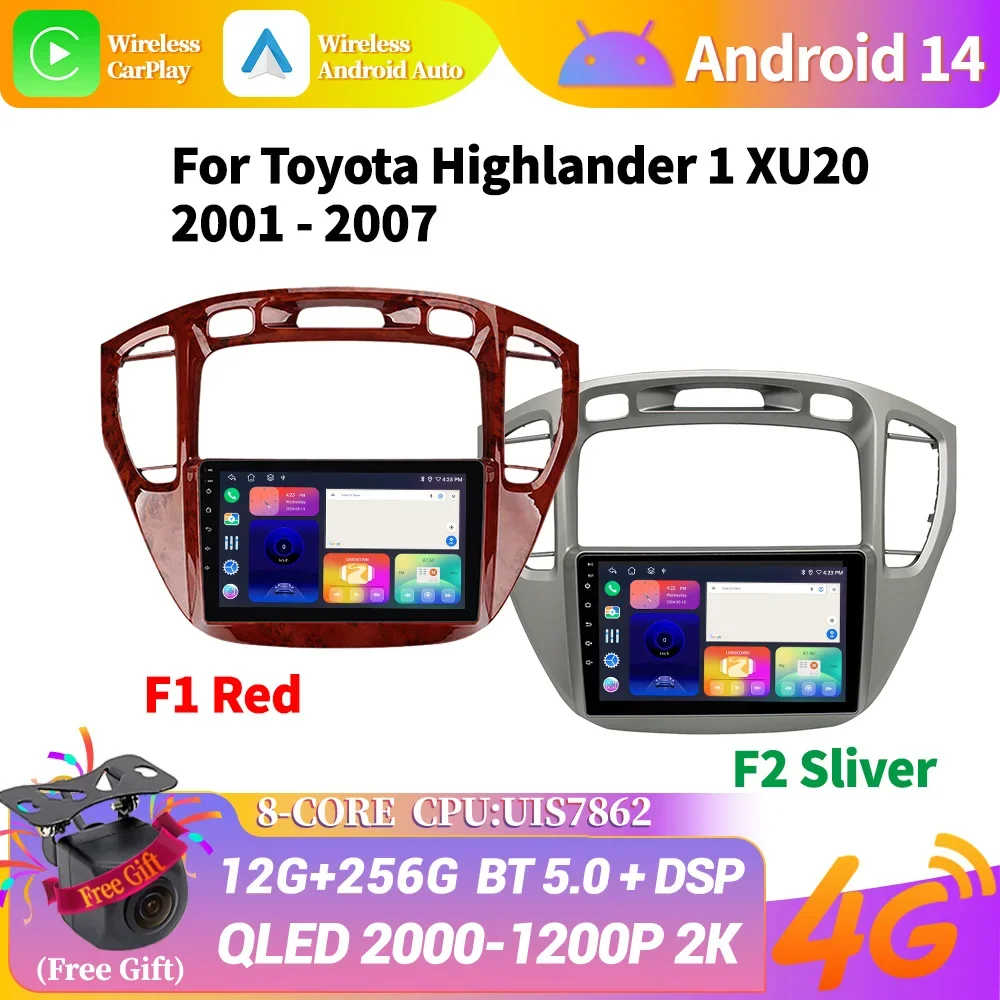 Car Radio Navigation 2DIN Android 14 Wireless Carplay GPS Multimedia Stereo Screen For Toyota Highlander 1 XU20 2001-2007