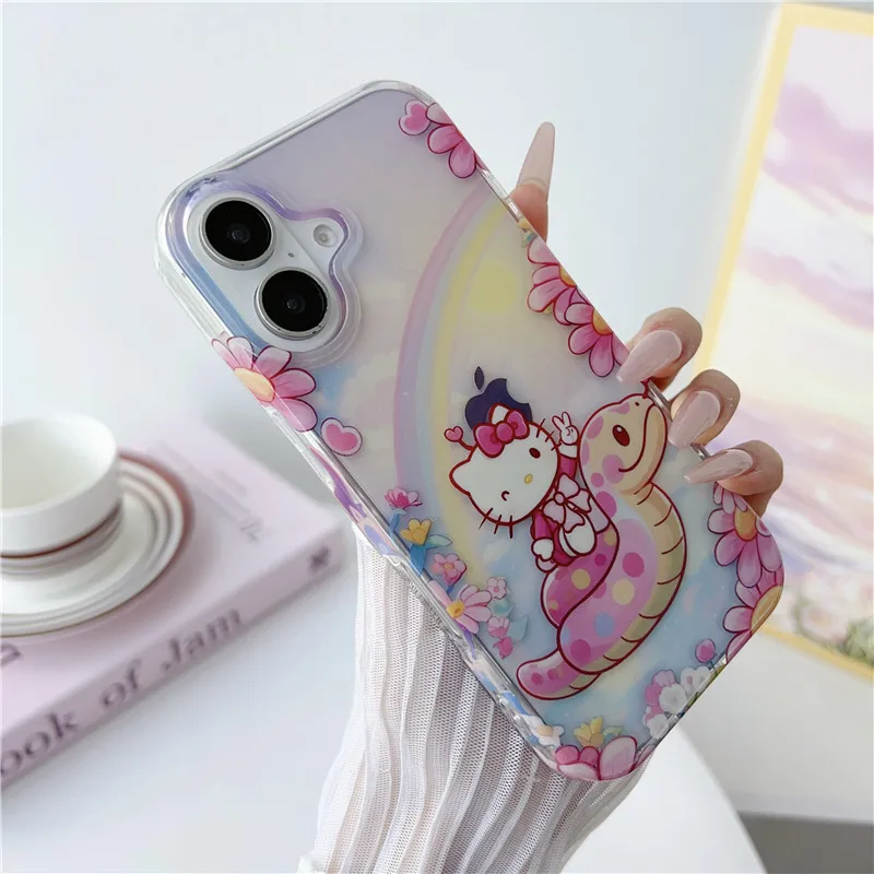 Rainbow Pink Snake Hello Kitty Phone Case for iPhone 13 14 15 16 Pro Max Cute Cartoon Sakura cherry blossom Cover Cases