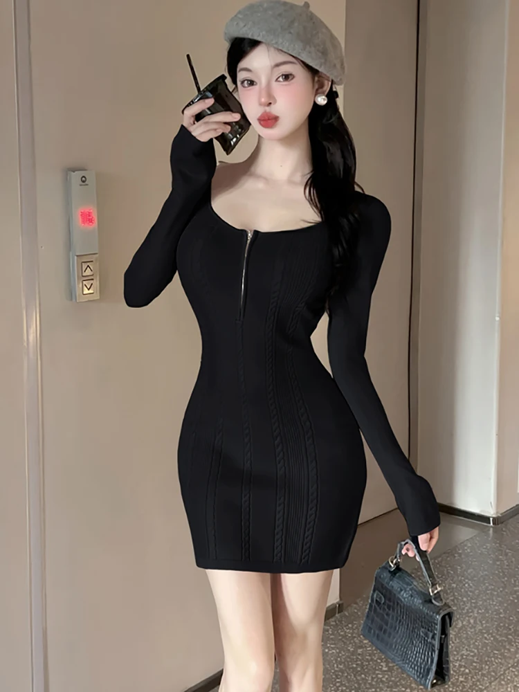 2026 Black Knitted Screw Thread Mini Dress Autumn Winter Long Sleeve Bodycon Hip Wrap Dress Women Korean Vintage Elegant Dresses