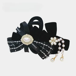 Korean Fashion New Arrival Velvet Hair Clip with Plaid Bow and Pearl Women's Black Jewelry Accessories Kawai Hairbows for Girls