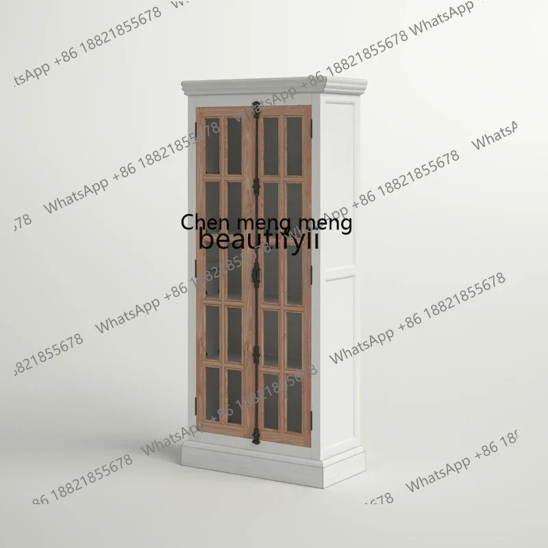 xzFrench Retro Bookcase American Solid Wood Side Cabinet Middle-Ancient Dining Edge Wood Color Wine Cabinet
