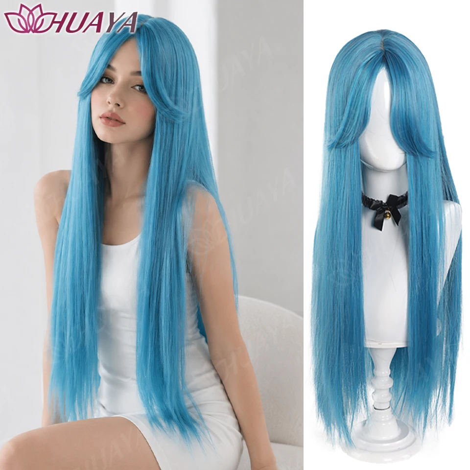Synthetic Long Straight Wig for Women Blue Middle Part Layered Full Hairpiece Cosplay Party Costume Wig
