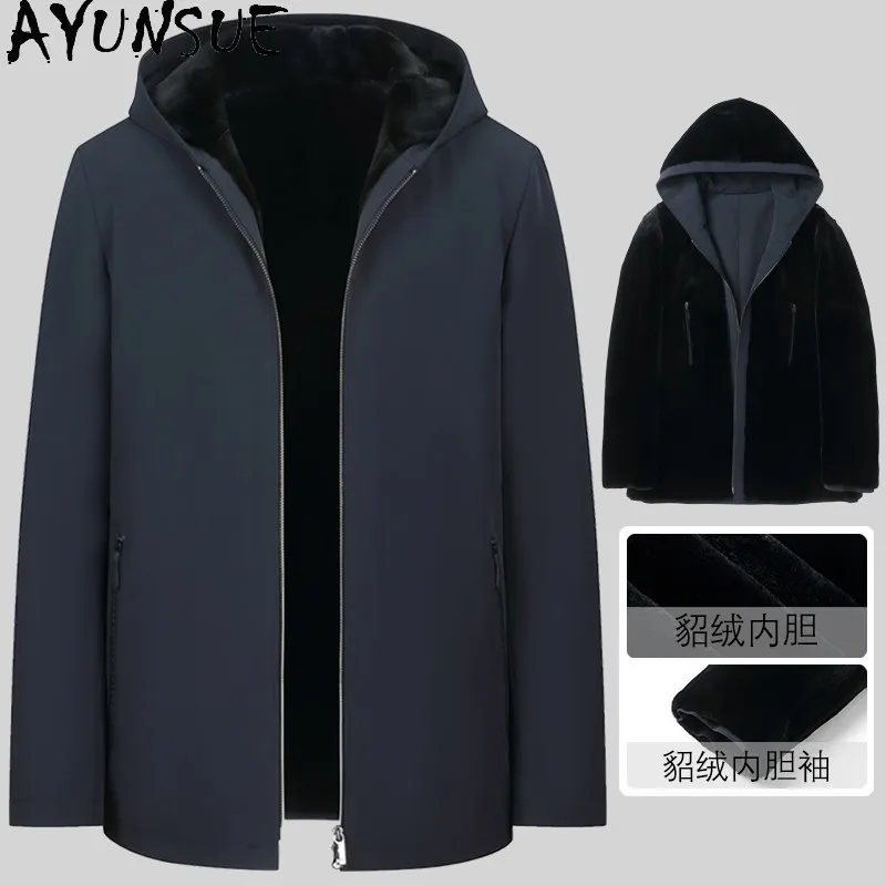 AYUNSUE Hoode Natural Fur Coat Parkas Men Winter Luxury Sheared Mink Fur Liner Jacket Man Clothing High Quality Real Fur Coats
