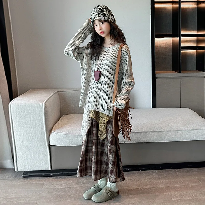 

Костюмы из 2 предметов для девочек-подростков, осенний вязаный свитер с длинными рукавами для девочек-подростков, детская лоскутная клетчатая юбка для девочек, детские комплекты для девочек