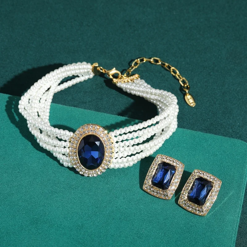Vintage Dark Blue Crystal 7-Layer Pearl Necklace Square Earrings Jewelry Sets Luxury High Quality Gifts For Women Trends 2026