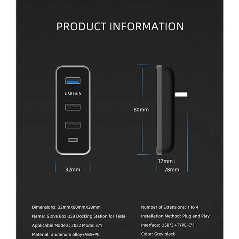 USB Hub 4 in 1 Docking Station Glove Box Splitter Extension Adapter Fast Charger Auto Accessories for Tesla Model 3/Y