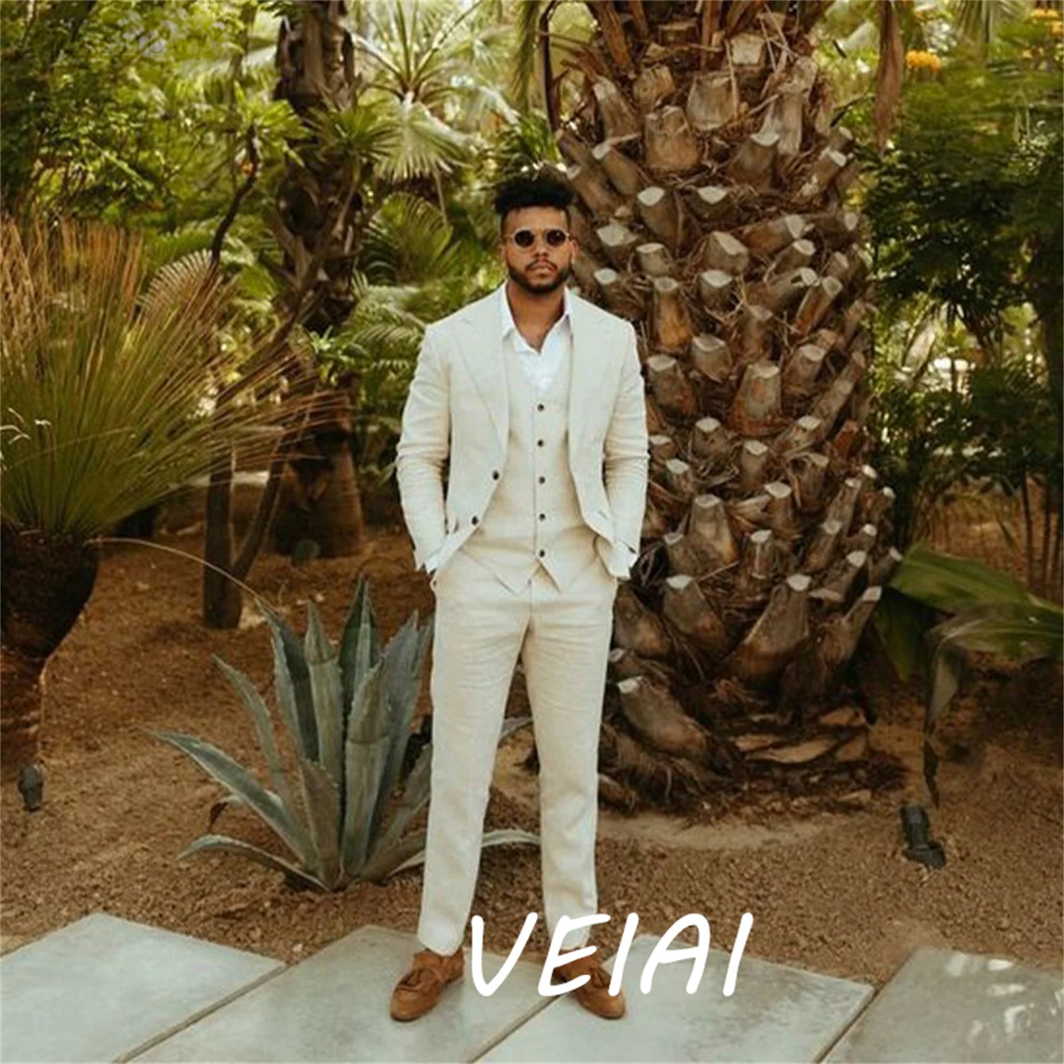 Trajes de boda de lino personalizados para hombre, ropa de novio de verano de 3 piezas, chaqueta, esmoquin, traje para hombre, abrigo ajustado + Ves