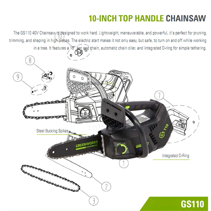 Greenworks 40v Top Handle Arborist Chainsaw Brushless Motor 10 Inch Bar 15M/S Professional One Hand Operate Garden Saw GS110