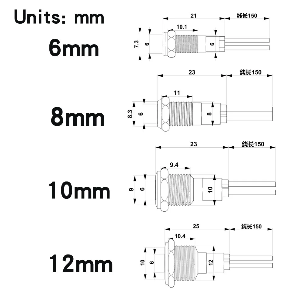 Metal Indicator Light Signal Lamp LED Lamp 6/8/10/12mm With Wire 16/19/22mm No Wire 3-6V 12-24V 110-220V Red Green Blue Orange