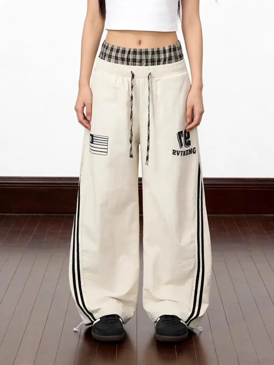 Women's Plaid Patchwork Vintage Hip-hop Wide Legs Sweatpants High Waisted Trousers Summer Bottoms Female Unisex Sports Pants