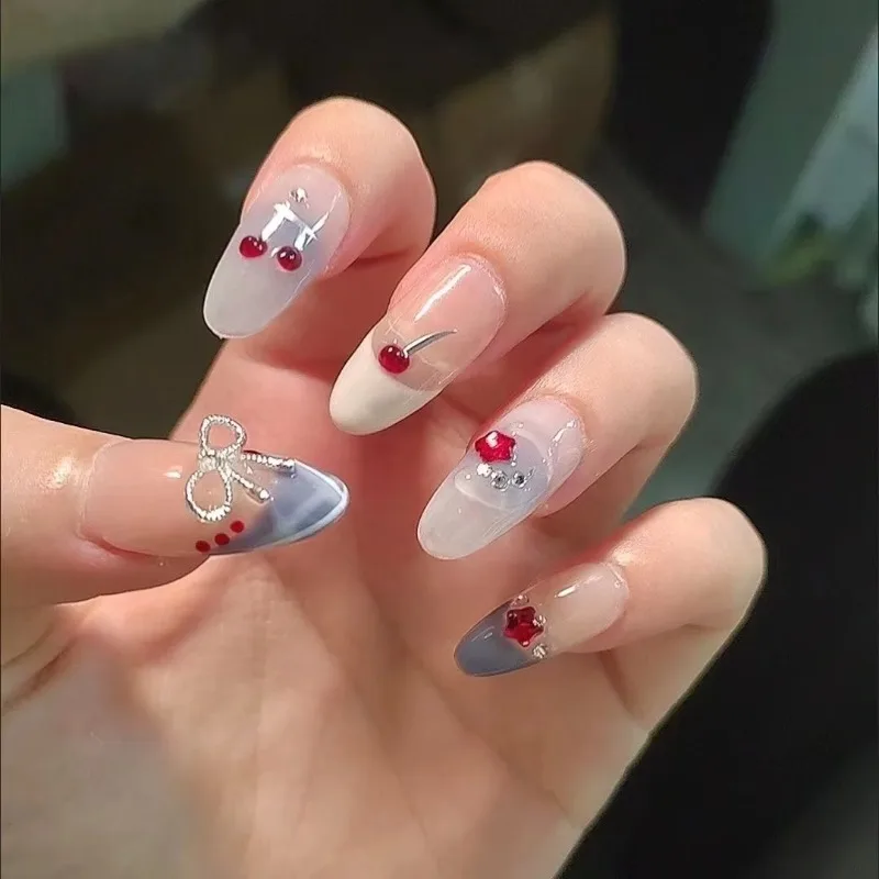 

10Pcs Handmade Press on Nails Cherry and Bow Design Acyrlic Korean Style False Nails Blue Short Almond Stick-on Nails for Summer