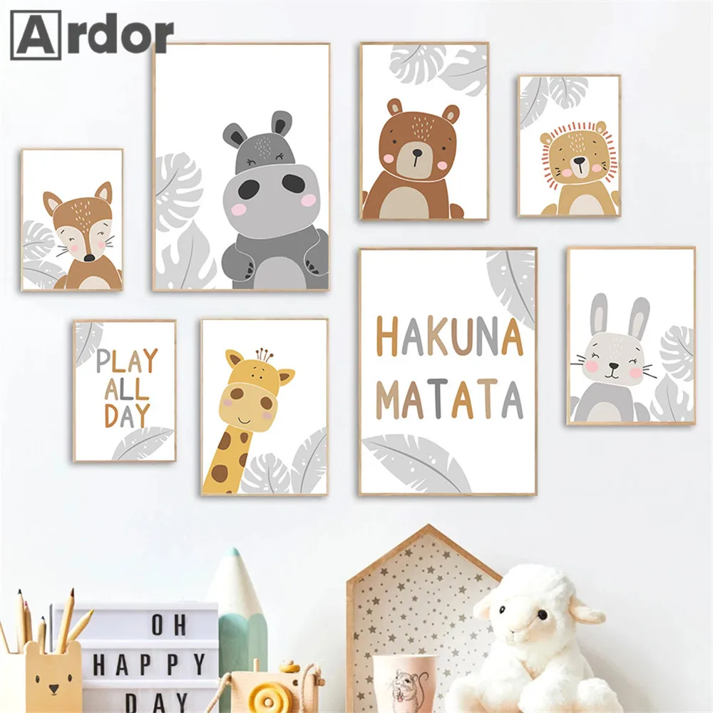 

HAKUNA MATATA Poster Fox Bear Rabbit Hippo Giraffe Canvas Print Nursery Art Painting Nordic Wall Pictures Baby Kids Room Decor