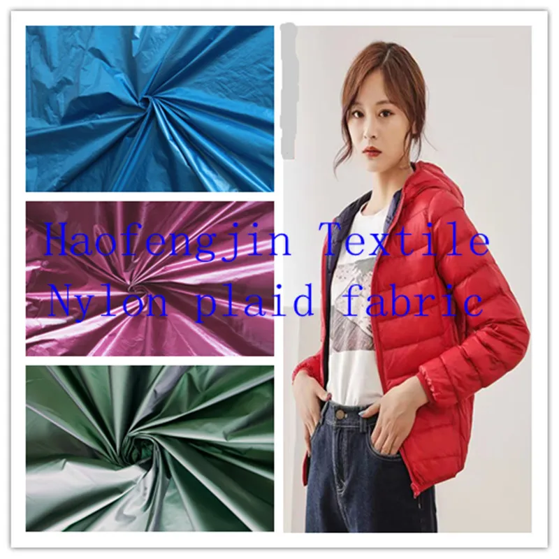 380T nylon taffeta plaid fabric calendering ,High quality Shiny ultra-thin down jacket checked fabric,cotton-padded jacket