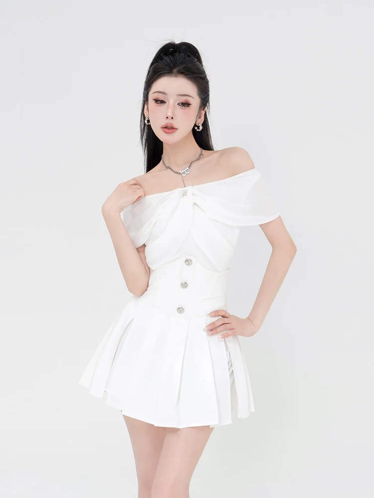 

LADIES FIRST Shoulder Bared Short Sleeve T-shirt Women's Summer Short Style Pleated Slim Fit Polyester Spandex Casual Top