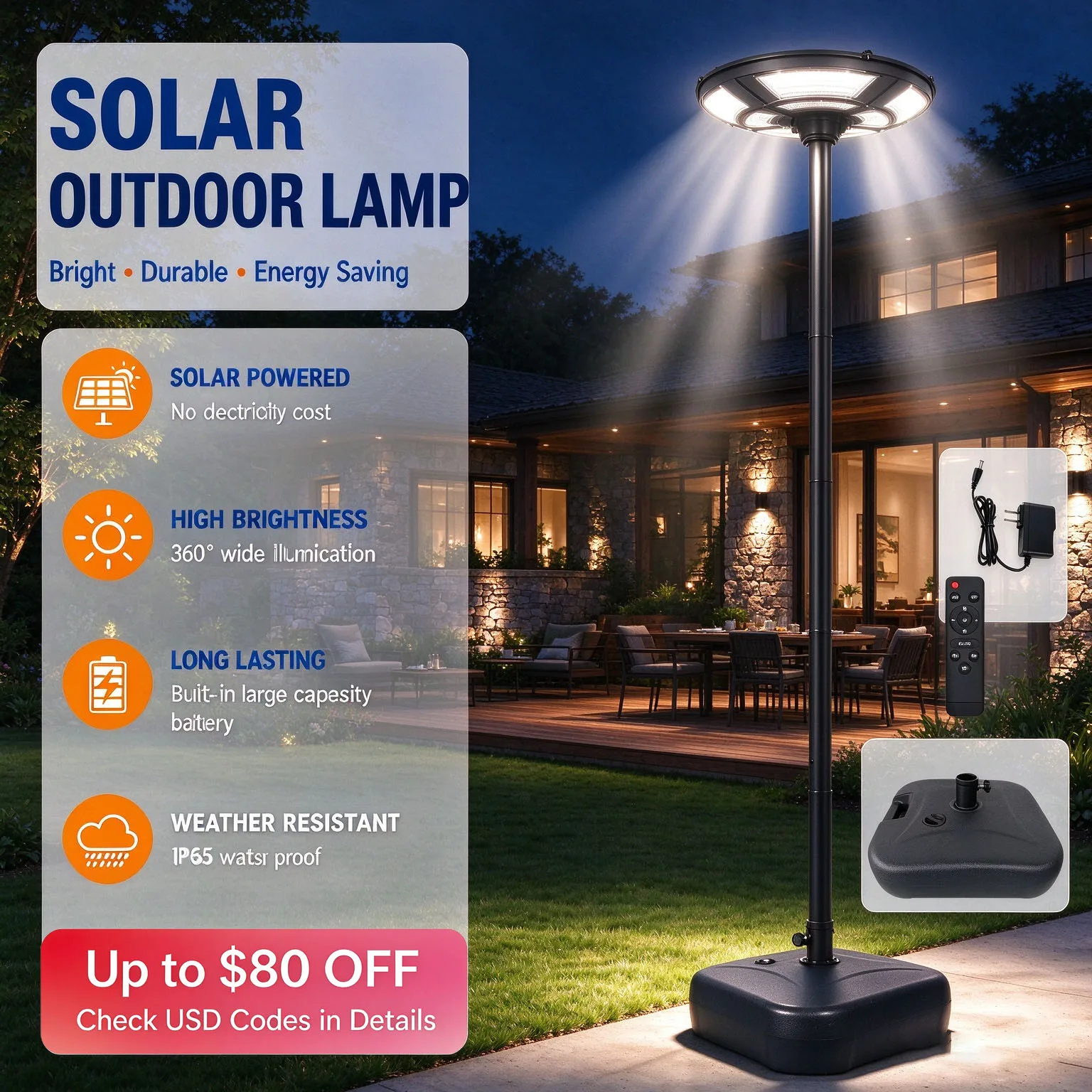 Morglad IP65 Waterproof Solar UFO Street Lamp, Motion Activated Solar Patio Post Light, 12000mAh Large Battery Remote Control Solar Light for Backyard, Driveway, Deck, Camping