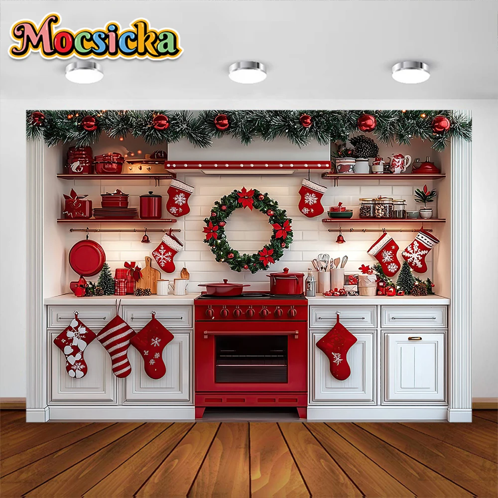 خلفية التصوير الفوتوغرافي لمطبخ الكريسماس ، إكليل الكريسماس ، جوارب حمراء ، ديكور العطلة ، أولاد ، بنات ، خلفية صورة صورة ، دعامة استوديو