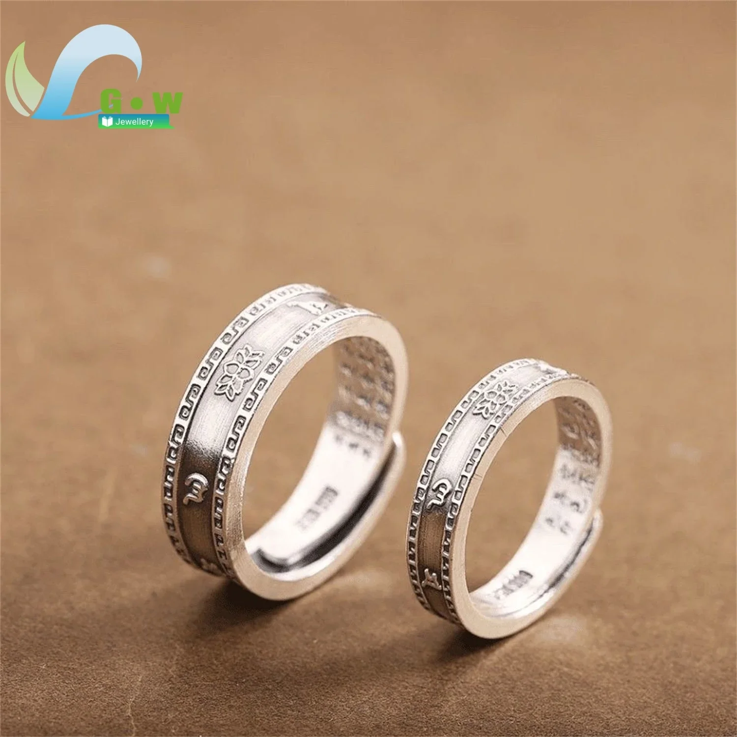 925 Sterling Silver Vintage Lotus Adjustable Couple Ring Ancient Cultural Jewelry Gift Handmade Ethnic Inspired Unisex Matching