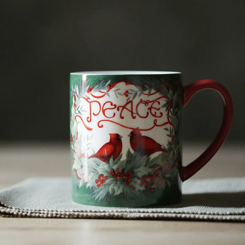 coffee mug peace bird printed thickness pastoral American style big capacity red 450ml cute ceramic cups and mugs with handgrip