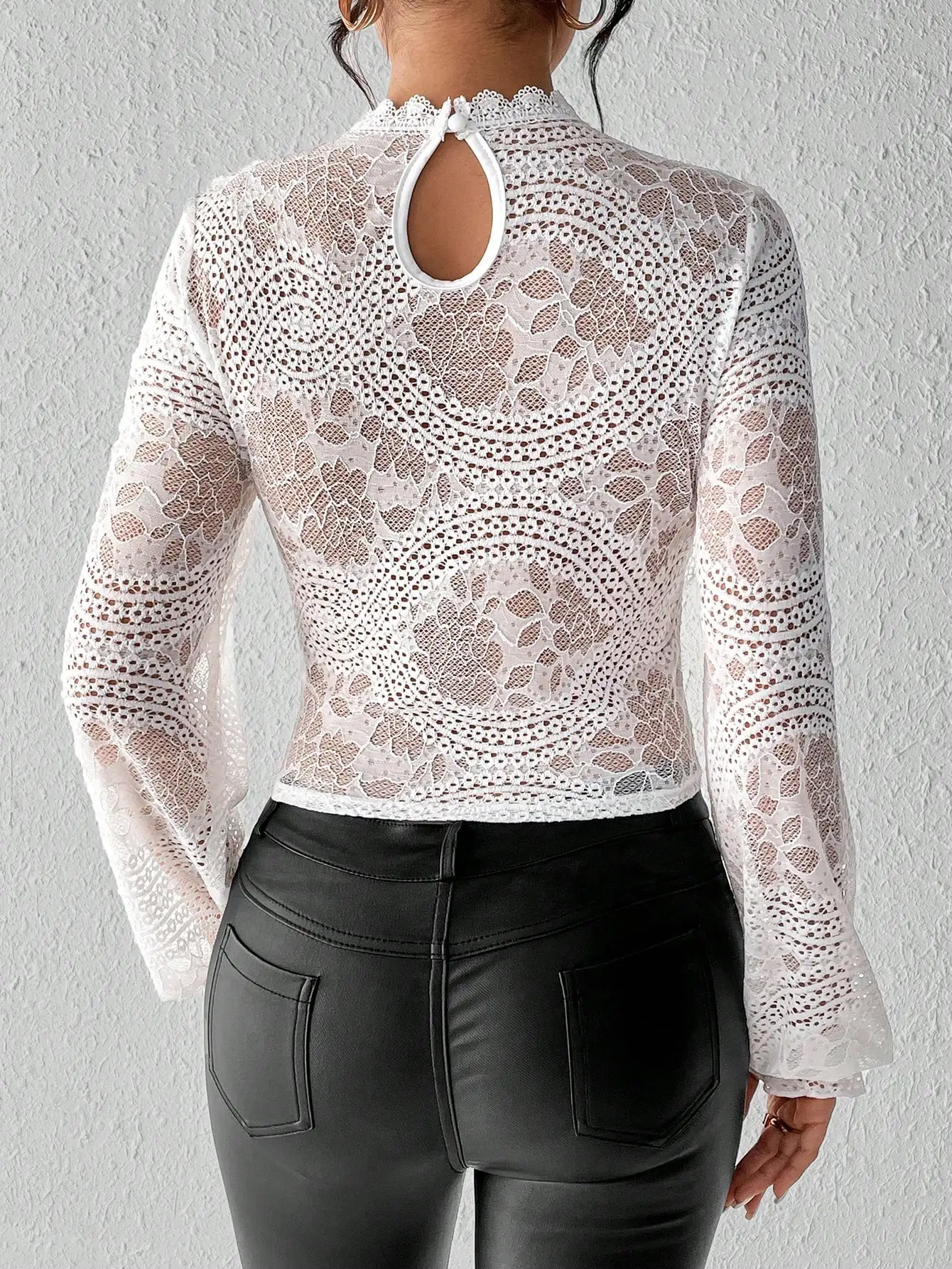 2024 new women\'s shirt small stand collar long sleeve trumpet sleeve lace stitching fold lace perspective knit slim elegant shir