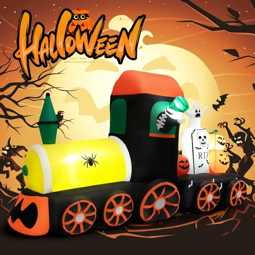 8 FT Long Halloween Inflatables Outdoor Decorations, LED Lights, Skeleton Ride on Train, Blow up Lighted Halloween Decorations