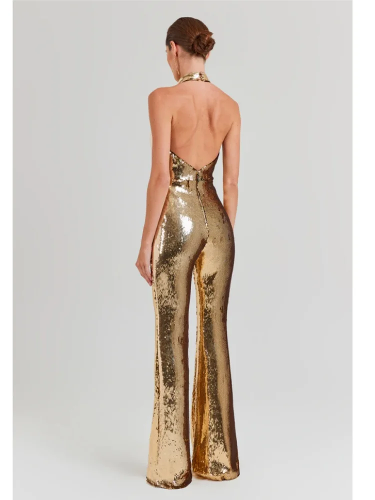 Summer New 2024 INS Women Sexy Glitter Sequins Gold Bodycon Jumpsuit Celebrity Designer High Street Boot Cut  Rompers