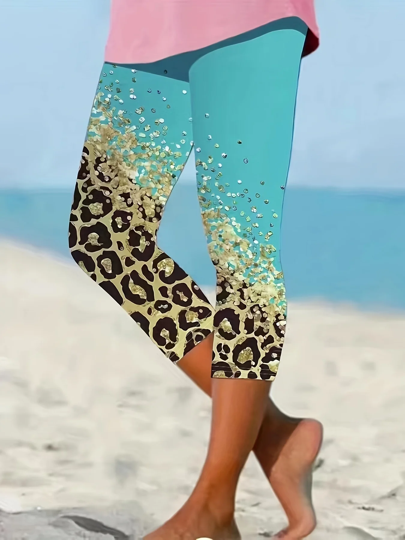 Summer Fashion New Polka Dot Leopard Leggings Casual Slim High Waisted Printed Seven Point Leggings