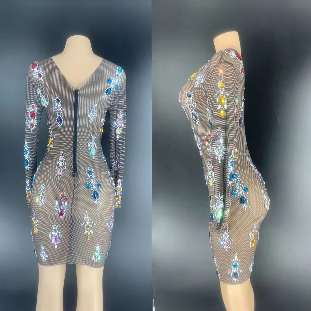 

Rhinestones Dress Women Perspective Shining Sexy Long Sleeve Evening Party Singer Entertainer Nightclub Wears 2026 Luxury