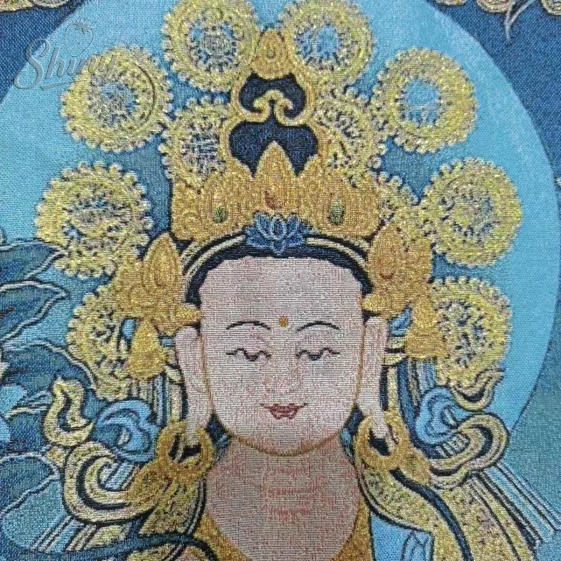 35.4″ Statue of Bodhisattva Samantabhadra Brocade Tibetan Tangka Embroidery Painting Gold Thread Embroidery Hanging Pictures