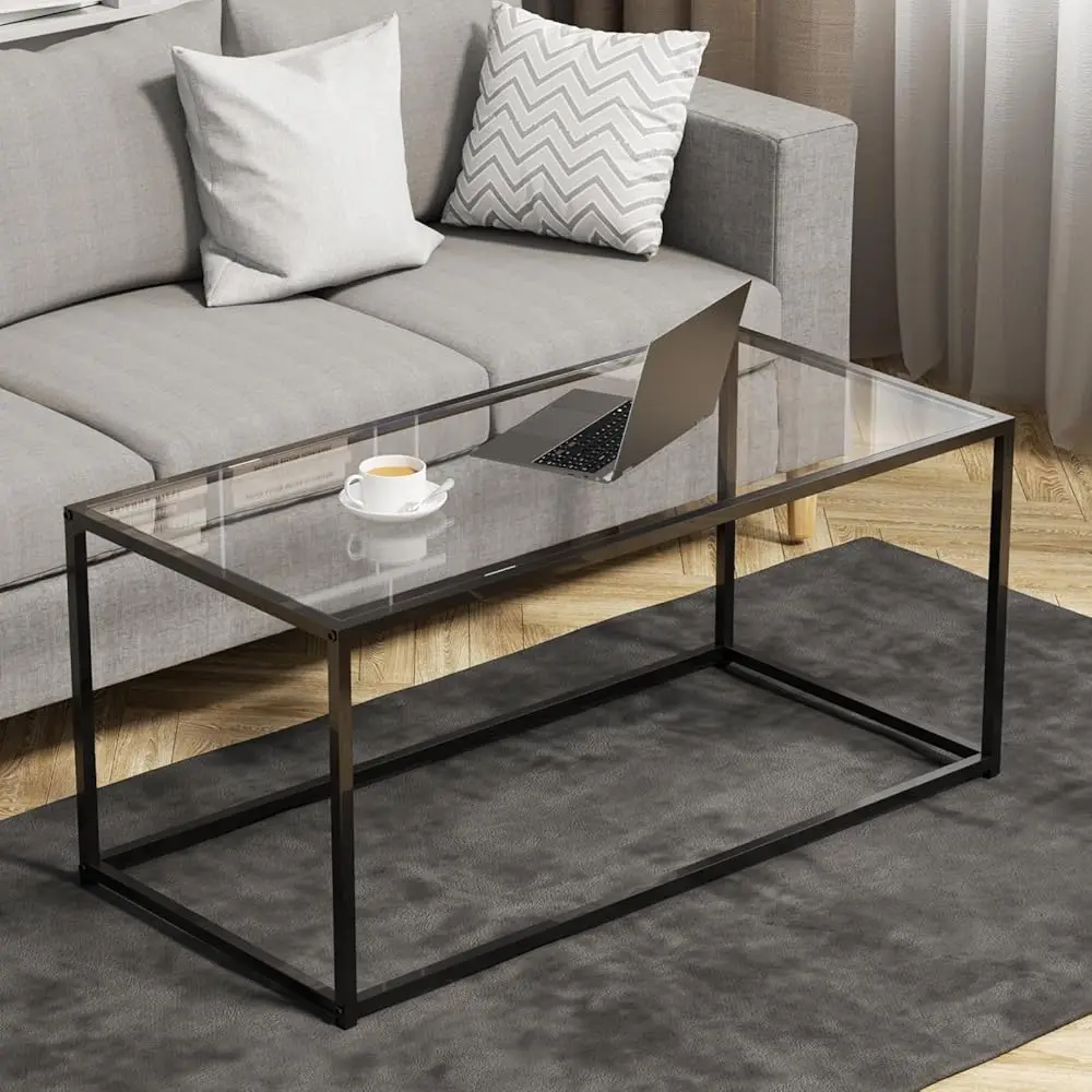 

Glass Coffee Table, Modern Center Tables For Living Room, Bla Rec Center Tea With Metal Frame, Clear Glass Top Coffee Table For