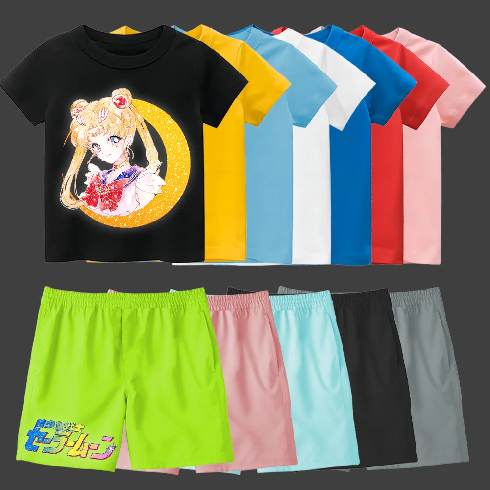 

Girls' summer leisure anime Dazzle pattern printed round neck top Sailor Moon Dazzle print shorts Girls' set sweet and cute ins