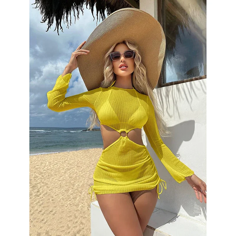 Frauen Badeanzug Cover Ups Dreiteilige Bikini Set Stricken Cover Up Tie-Up Aushöhlen Badeanzug Coverup Bademode