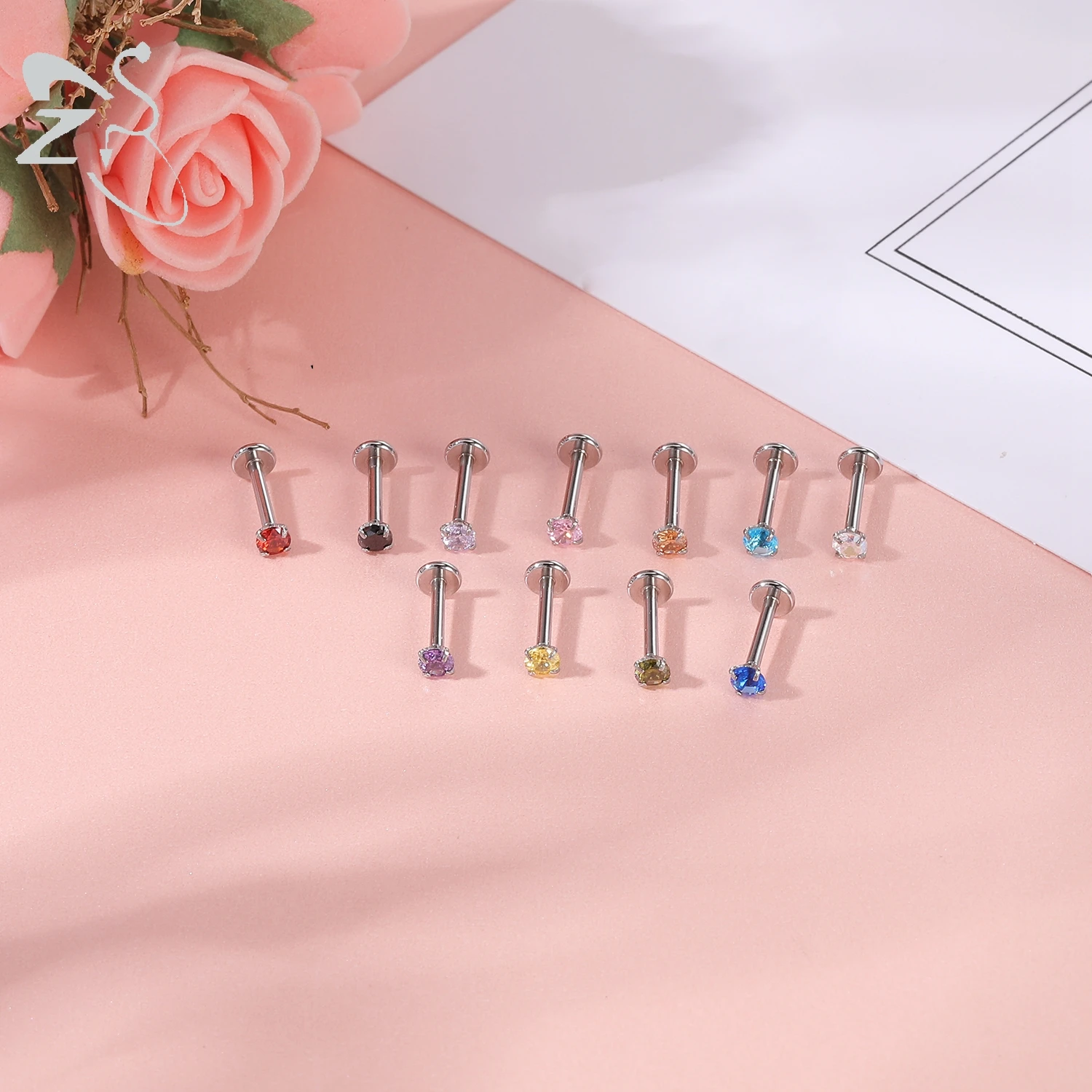 ZS 10-38Pcs/lot Stainless Steel Crystal Lip Labret Piercing Set Clear Bioflex Lip Labret Piercing Star Heart Ear Helix Piercings