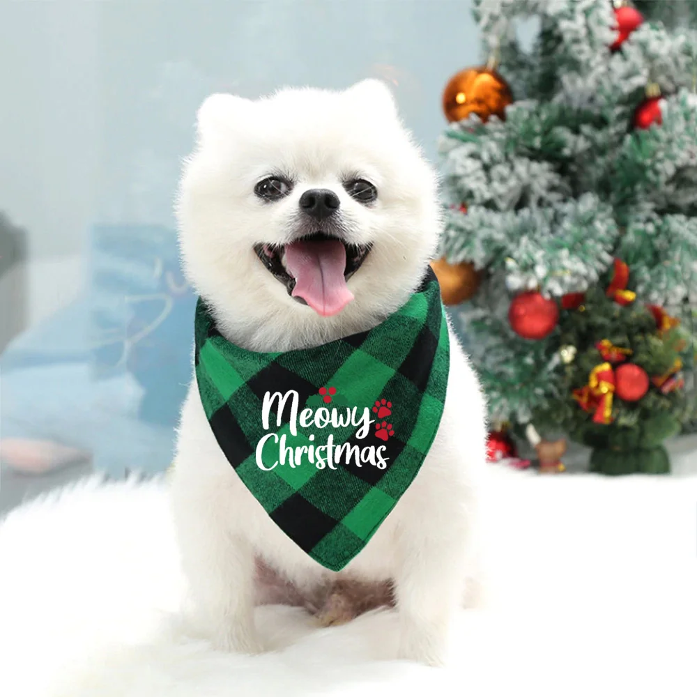 Merry Christmas Dogs Bandanas Deer Print Small Large Pet Neckerchief Plaid Bow Ties Collar Cats Dog Xmas Scarf Accessories Gifts