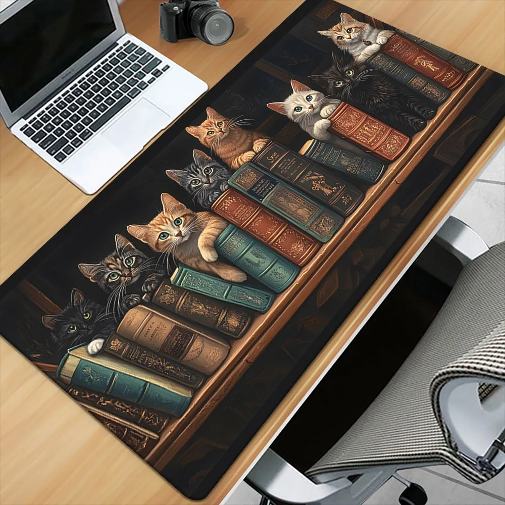 Cute Cats on Bookshelf  Mouse Pad, Vintage Library Kittens Large Desk Mat, Durable Stitched Edge Non-Slip Rubber Base