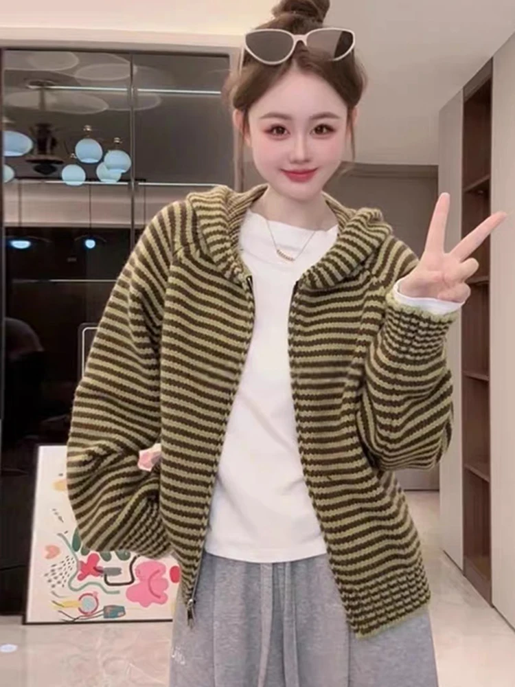

Ladies' Loose Fit Striped Hooded Zipper Knitwear Cardigan Winter Outerwear Comfortable Casual Sle Long Sve Commuting