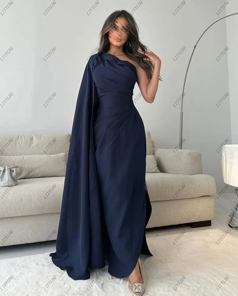 

LIYYLHQ Navy Blue Evening Dresses 2024 Pleat One Shoulder Floor-Length Simple Modern Prom Formal Dresses Saudi Arabia Women Wear