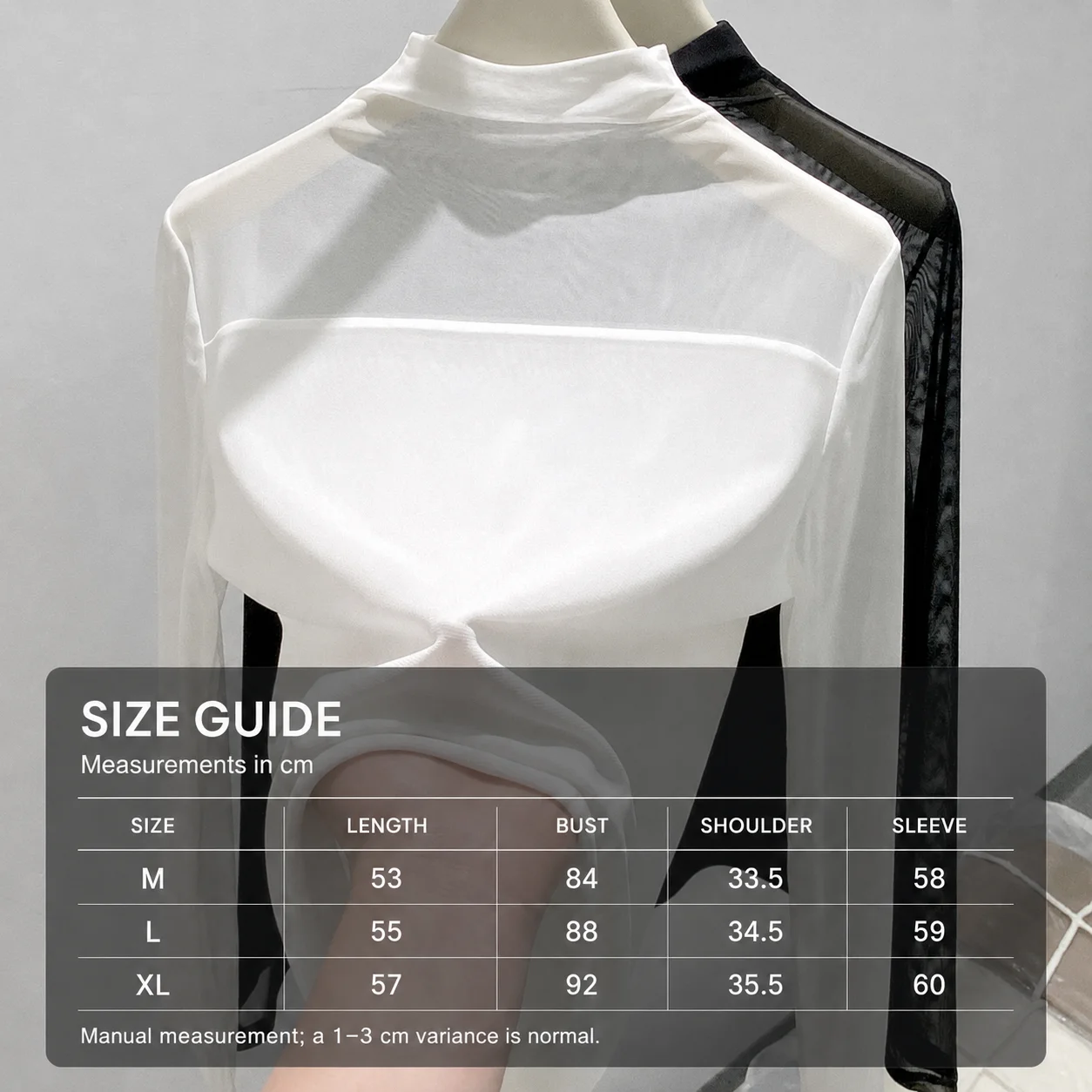 Women’s Black Sheer Mesh Mock Neck Top Double Layer Slim Fit Long Sleeve T Shirt Stretchy See Through Layering Blouse view 5
