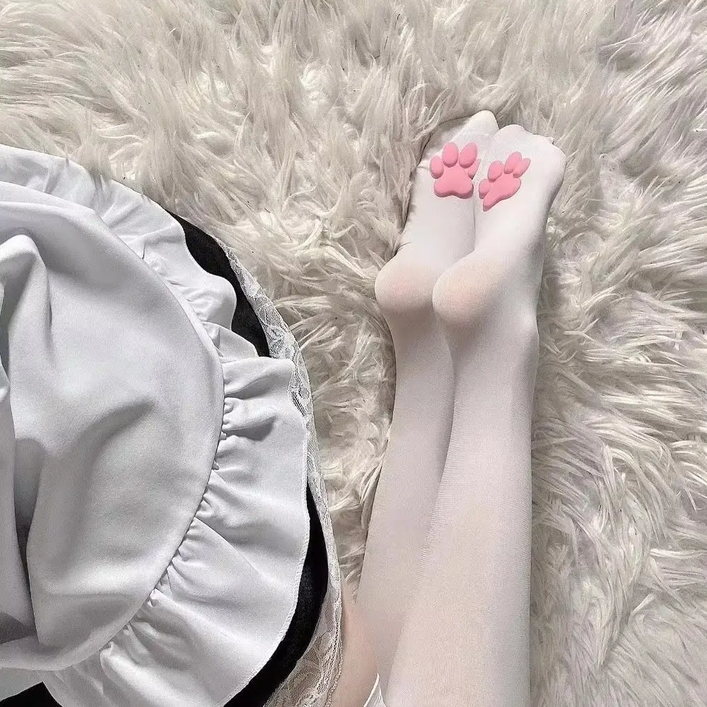1 Pair Semi Sheer Cat Paw Stockings Cat Paw Pattern Soft Paw Pads Over Knee Socks Harajuku Style Stretchy Fabric