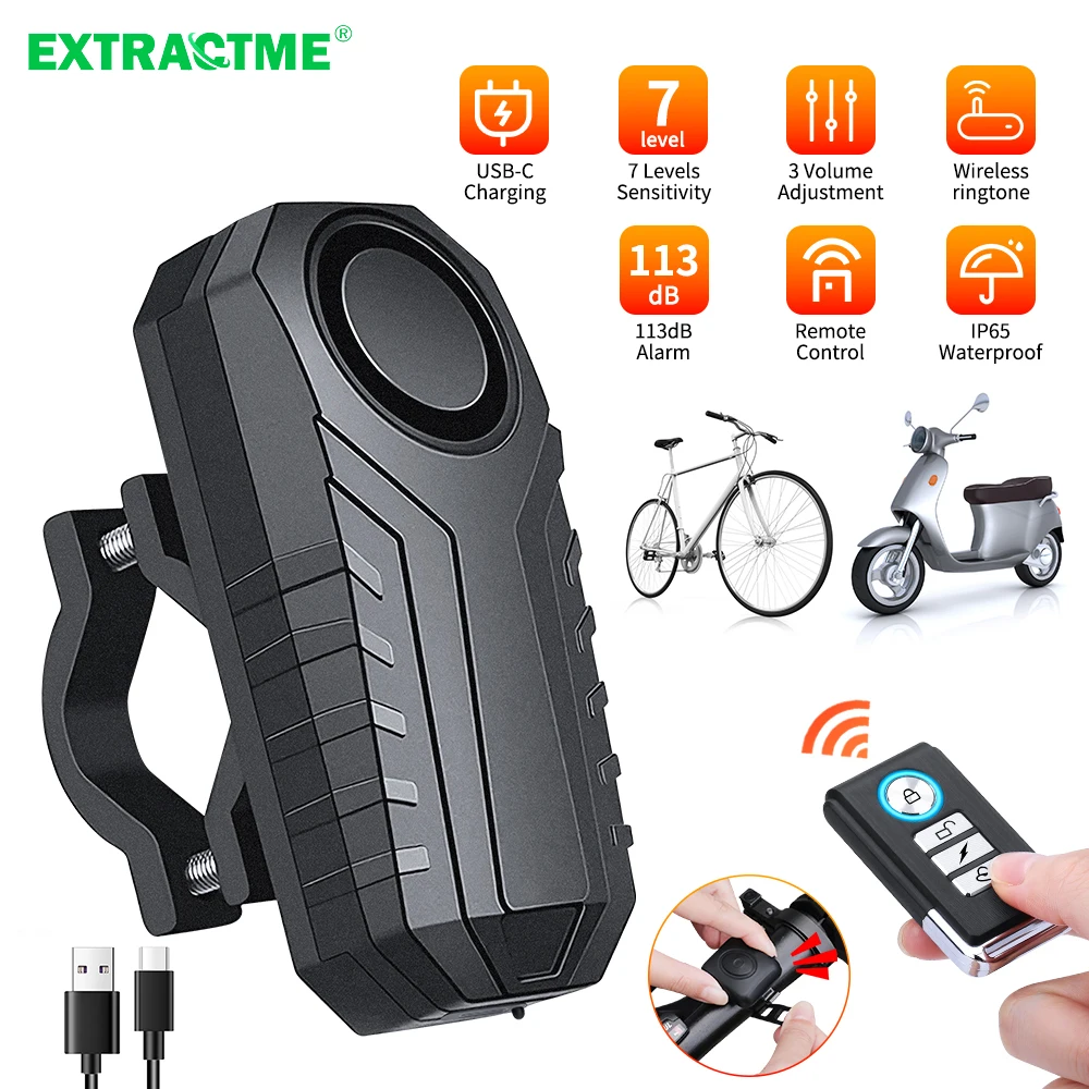 Extractme 113dB Wireless Motorcycle Bike Alarm Remote Control Loud Anti-theft Lock Waterproof Moto Bicycle Ship Security Alarm
