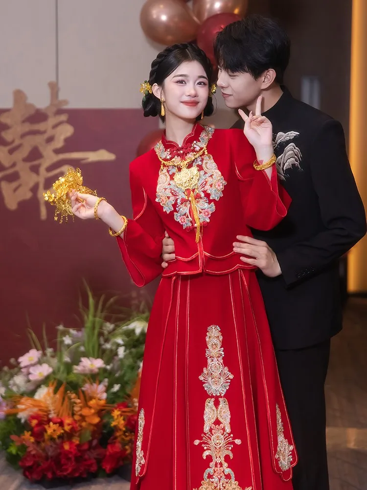 

Бархатное новое платье в китайском стиле, свадебное платье, тостное свадебное платье